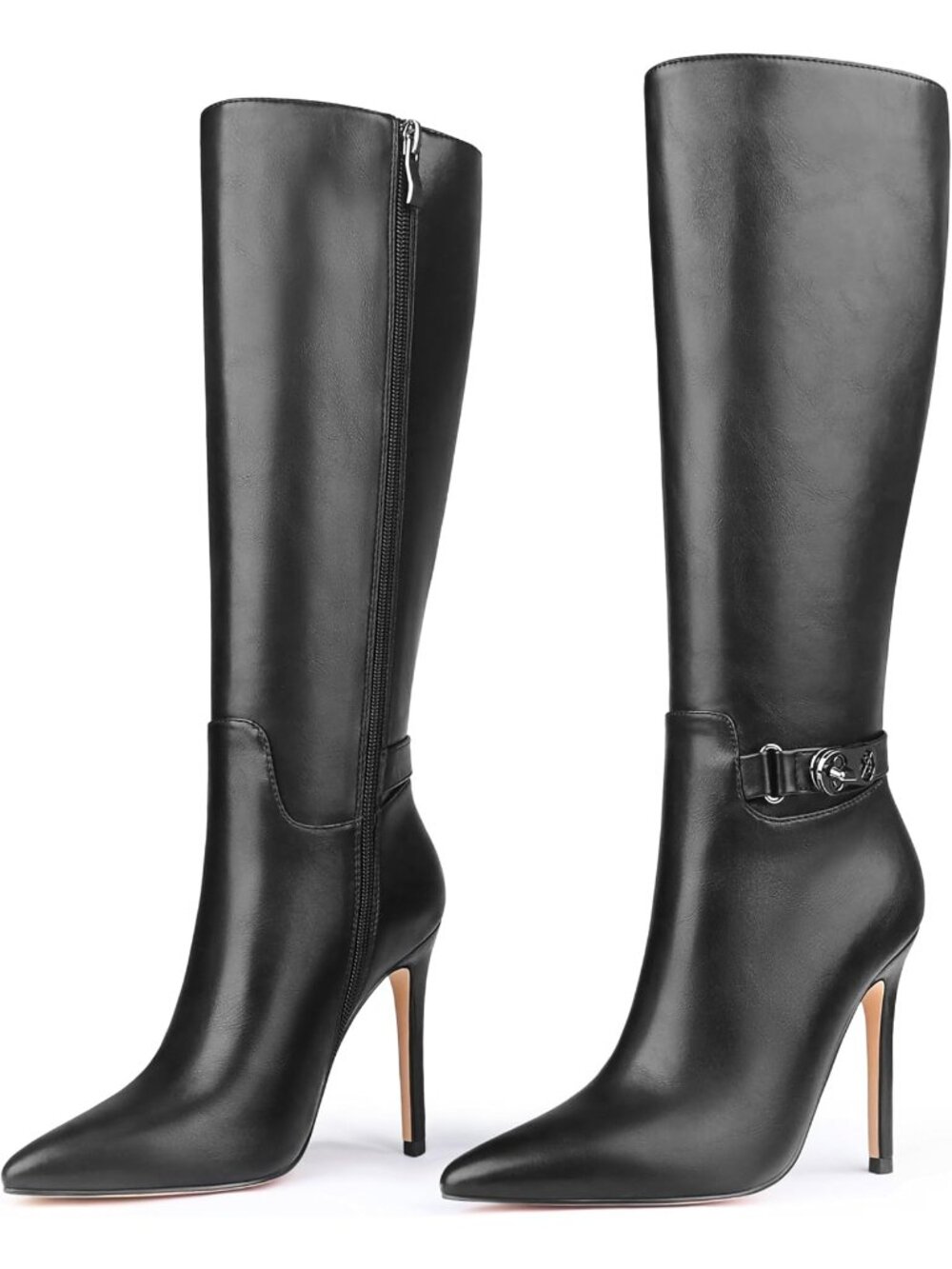 Women's Black Faux Leather Pointed Toe Stiletto Fashionable Knee High Boots - Picture 1 of 6